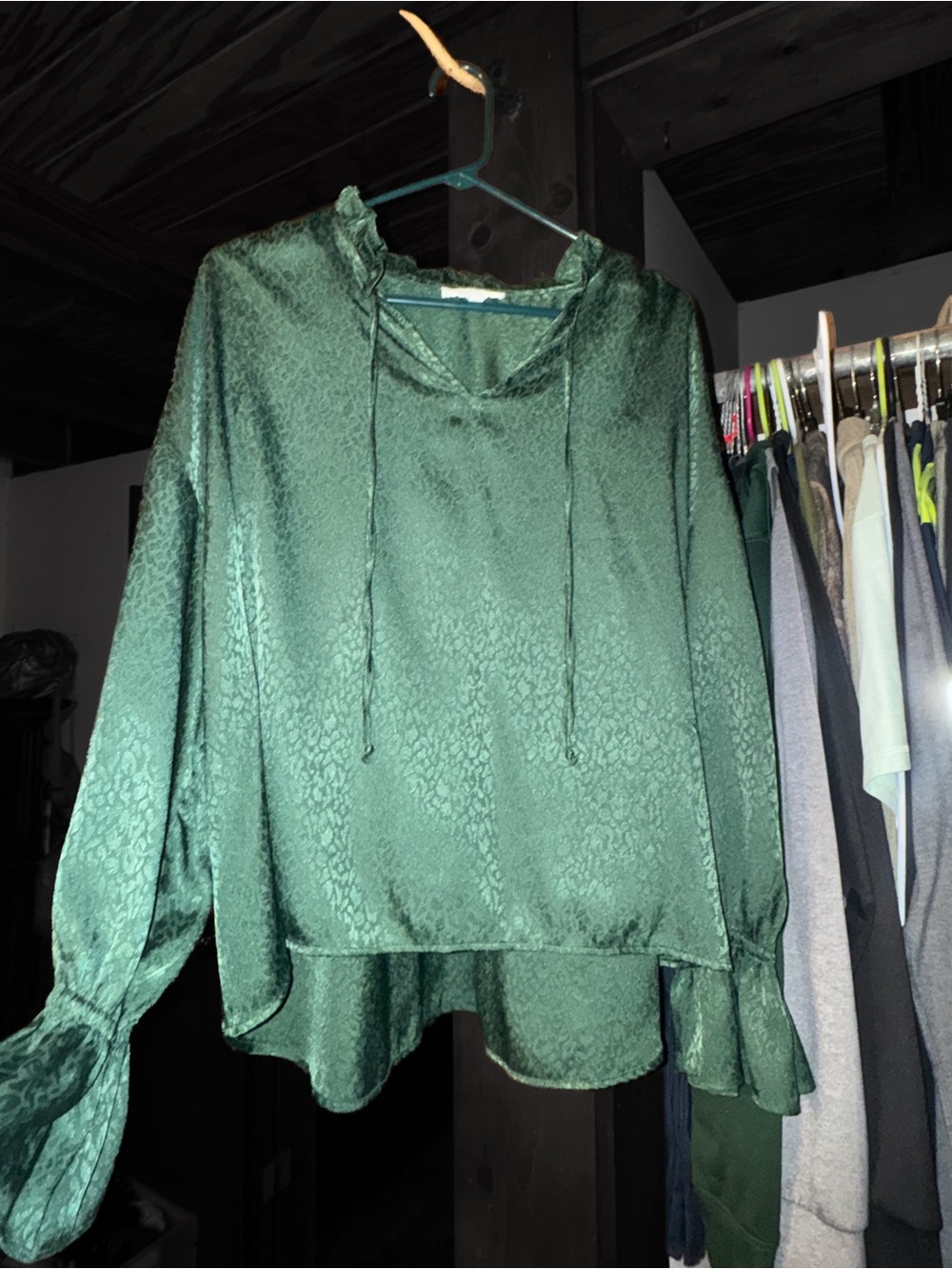 new directions Emerald Green Satin Ruffle-Hem Blouse